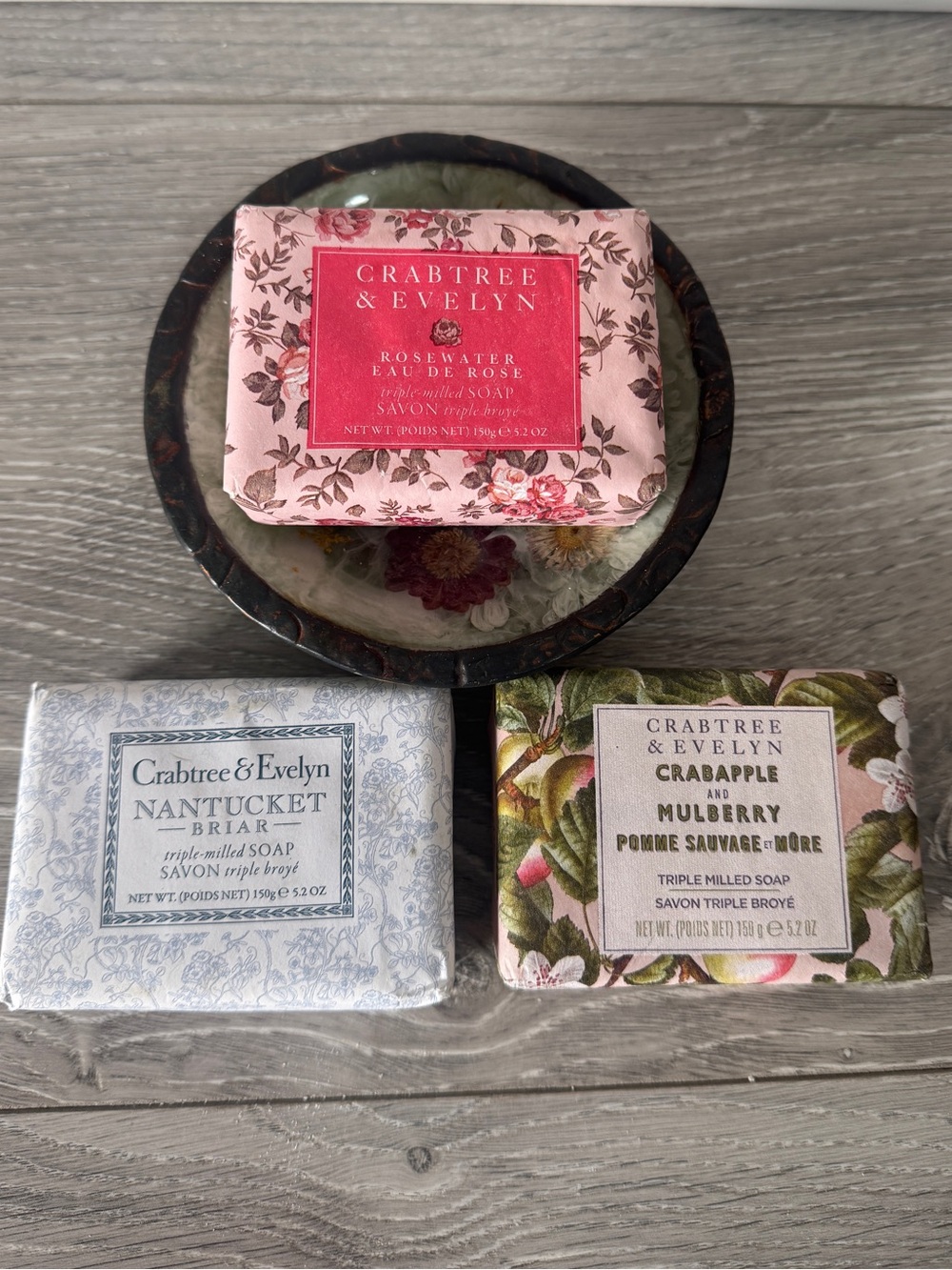 Crabtree & Evelyn Triple Milled Soap Bundle Rosewater Nantucket Briar Crabapple
